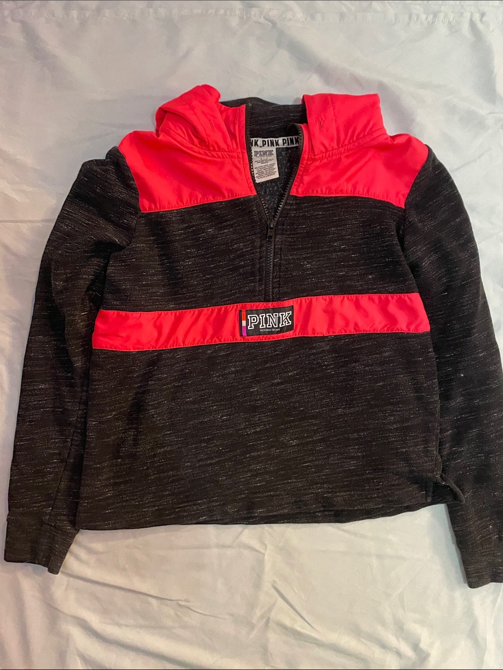 PINK Victoria's Secret Black Heather Pullover Hoodie with Bright Pink Panels